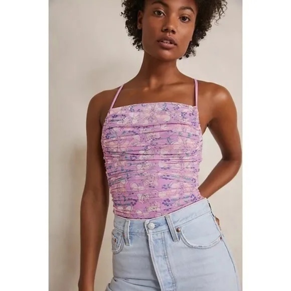 FREE People Pink Floral Butterfly Milkshake Mesh Lace Up Back Bodysuit sz Small - Picture 11 of 12